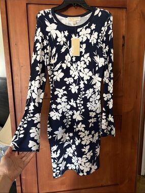 Michael Kors Navy and White Floral Long-Sleeve Sheath Dress